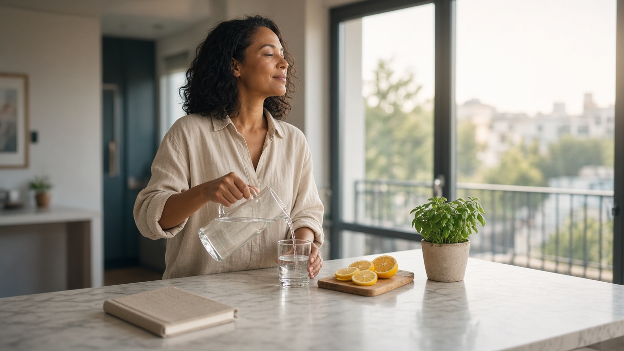 Woman pouring water in a sunlit kitchen during a calm morning wellness routine